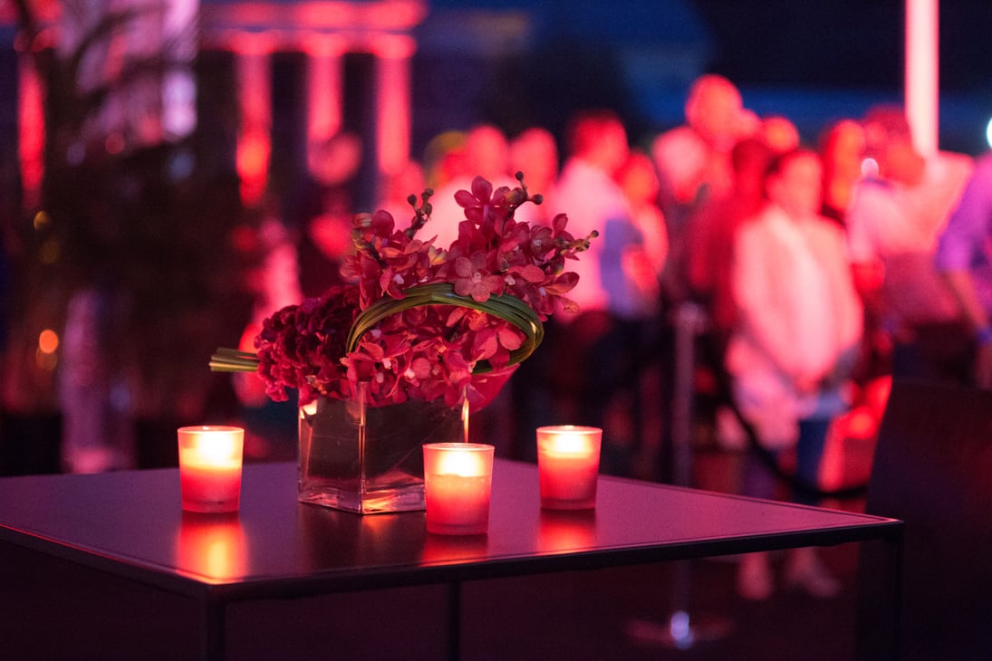 Pink Candle Light, Flowers, Evening Soiree Party Blurry People